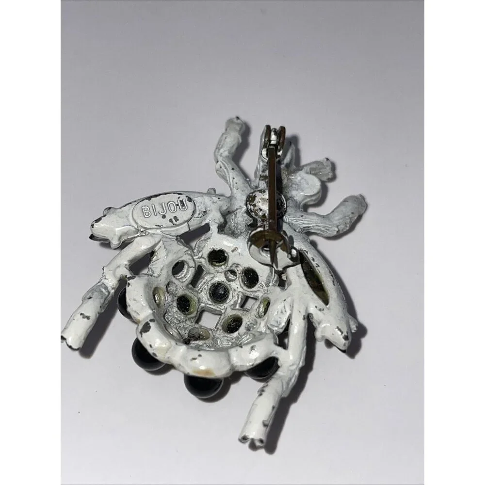 RARE! Bijou White Enamel Bug Bee Fly Rhinestone Brooch Pin Vintage‎ AL2.1